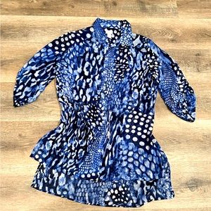 Chico’s semi sheer multi pattern long blouse 3/4 sleeves blue white black size 1